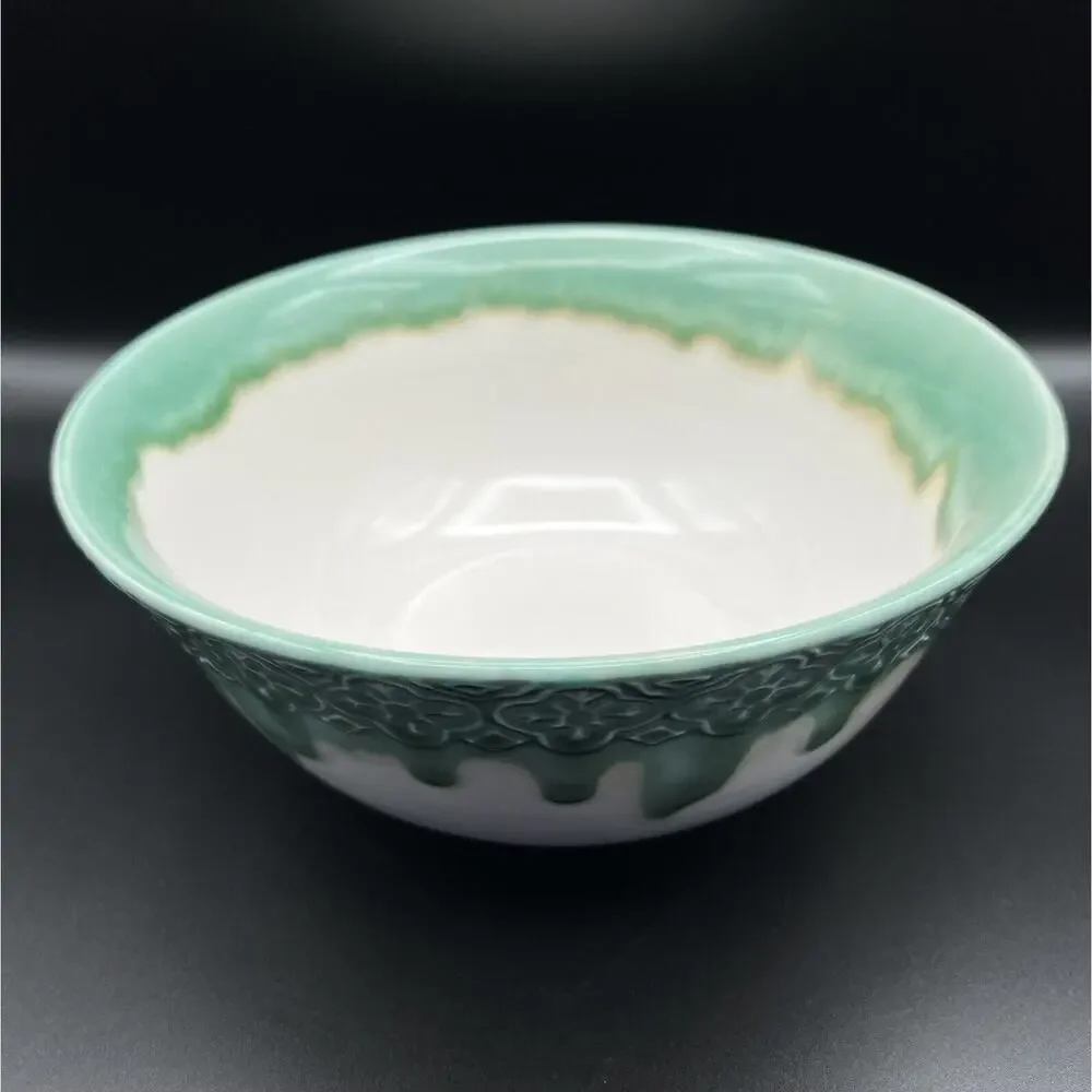 Pier 1 Imports Drip Glaze 9.5” Stoneware Serving Mixing Bowl Teal Green & White